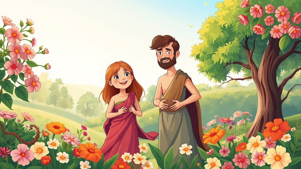 Adam and Eve walking together in the beautiful Garden of Eden.