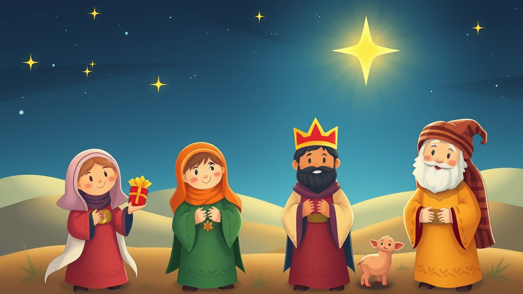 Three Wise Men following the bright star on their journey to Bethlehem.