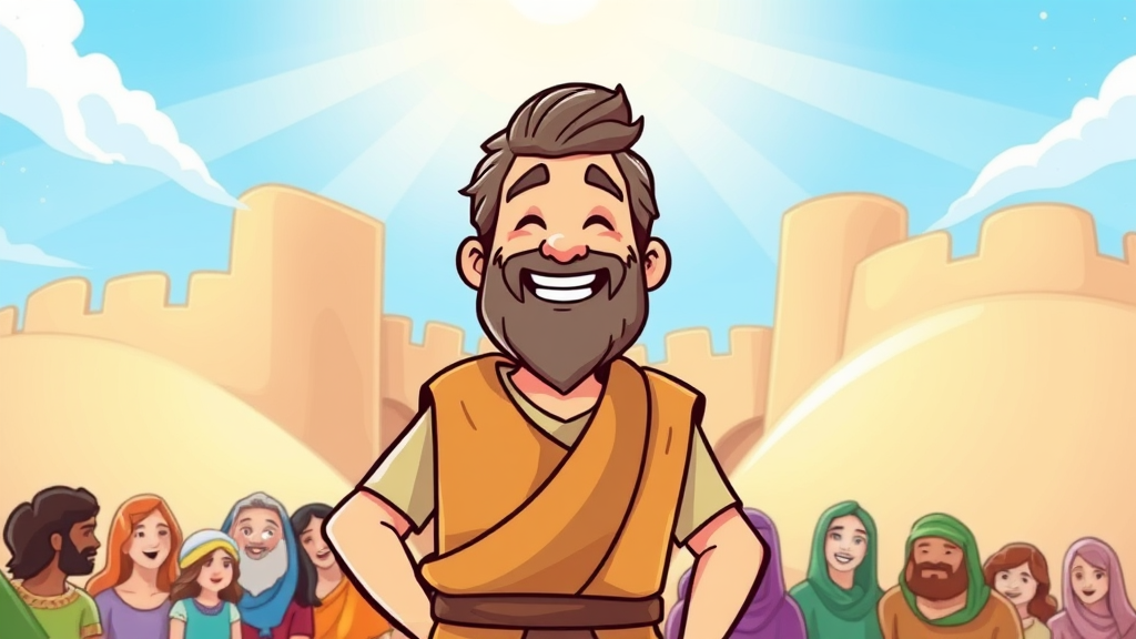 Joshua leading the Israelites as the walls of Jericho fall down.