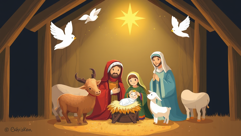Mary and Joseph with baby Jesus in a manger in Bethlehem at night.