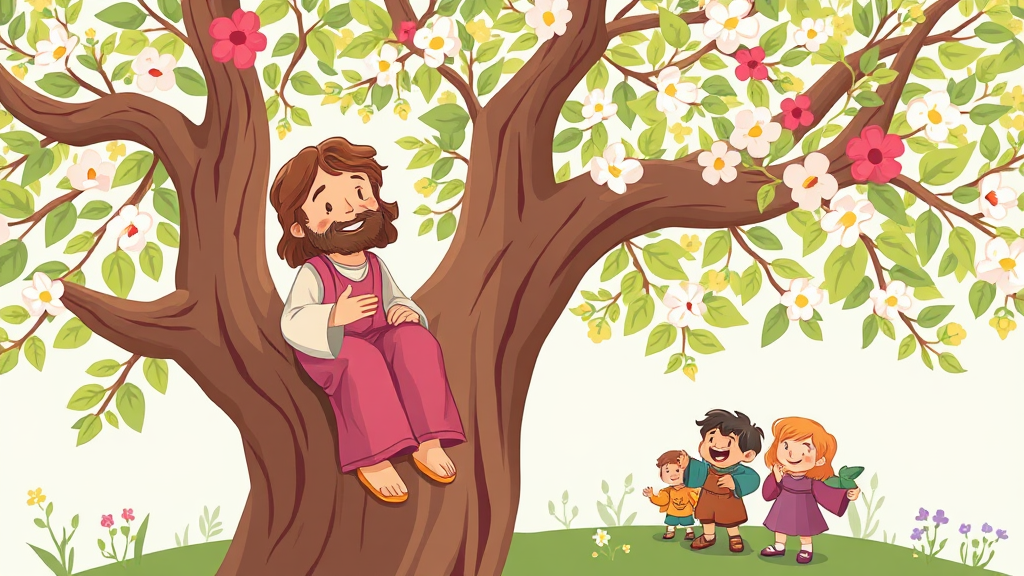 Zacchaeus climbs a tree to see Jesus passing by in the town.