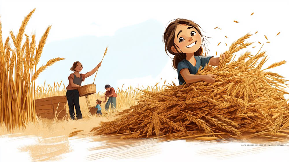 kidsbibleworld-for-american-us-and-worldwide shows a joyful cartoon scene of children and adults harvesting wheat together in a golden field