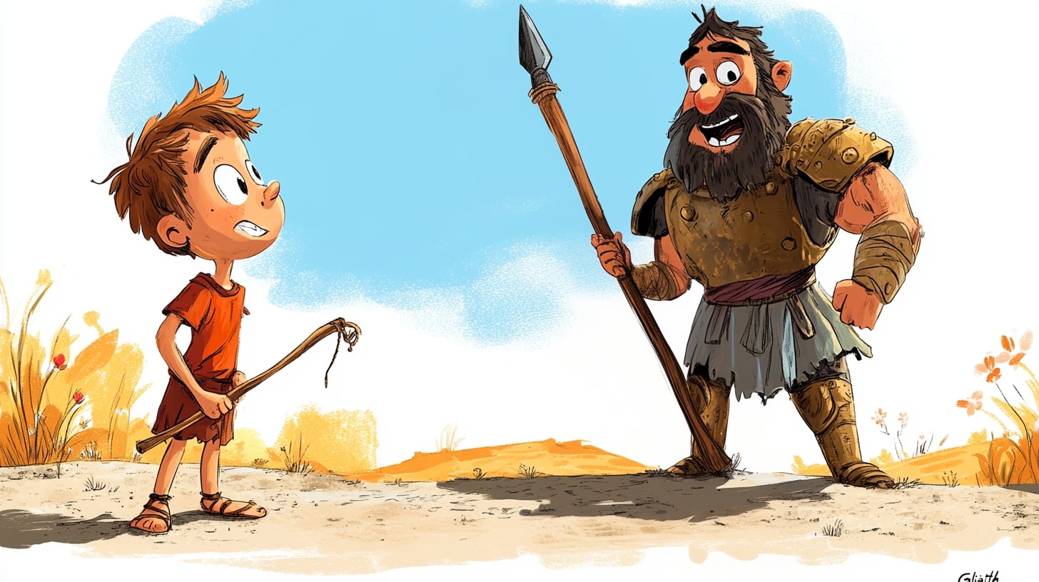 David bravely faces Goliath in their epic battle with a sling.