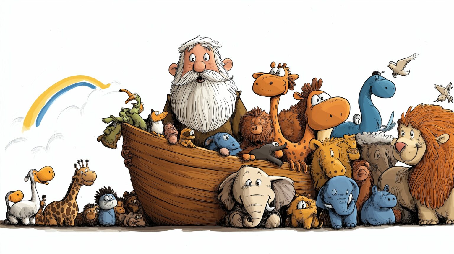 Home 7 Noah's Ark floating on floodwaters with animals inside during the Great Flood.