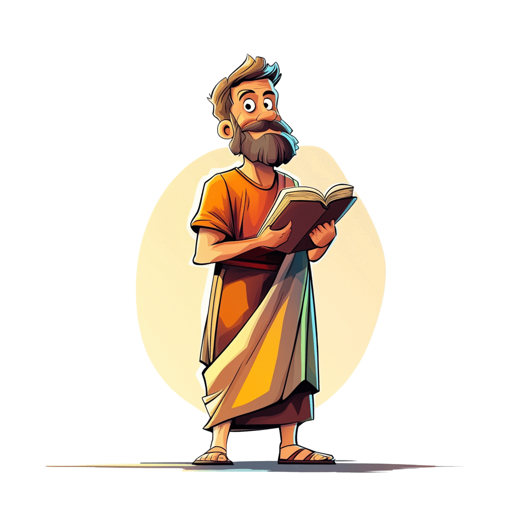 Jesus sits on a meadow surrounded by children, joyfully telling them Bible stories under a tree