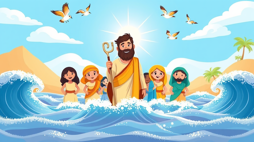 Moses leading the Israelites as they cross the parted Red Sea safely.