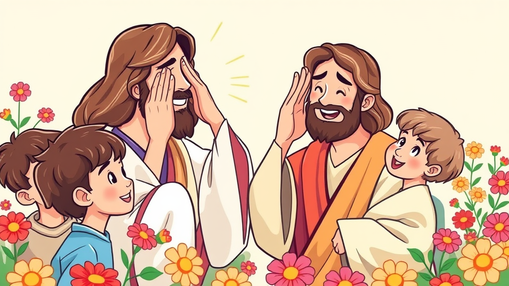 Jesus gently heals a blind man, restoring his sight with love.