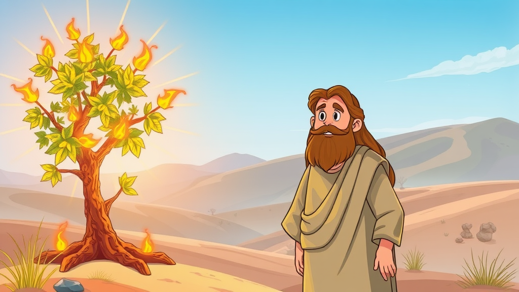 Moses standing before the glowing burning bush in the desert.