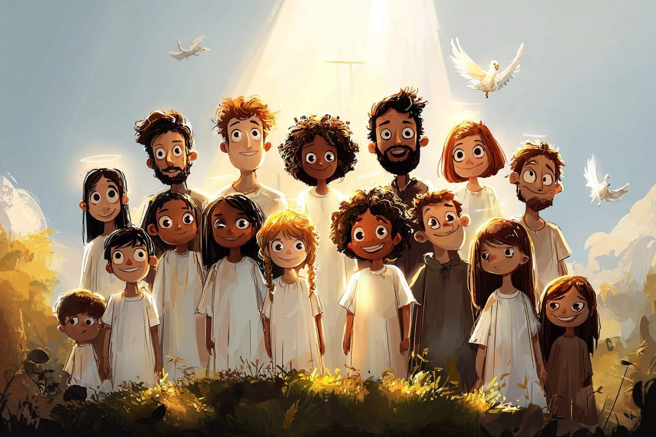 Colorful illustration of All Saints’ Day honoring faithful saints and heroes.