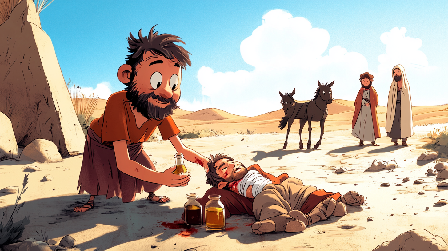 Illustration of the Good Samaritan helping a wounded man on the road.