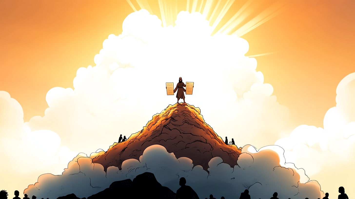 Illustration of Moses holding the stone tablets with the Ten Commandments.