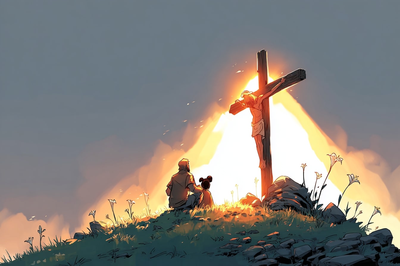 The Crucifixion of Jesus on the cross with a dramatic sky background.