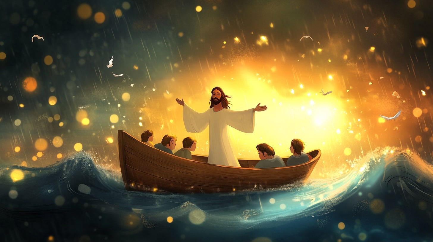 Home 8 Jesus peacefully calms the stormy sea while His disciples watch in awe.