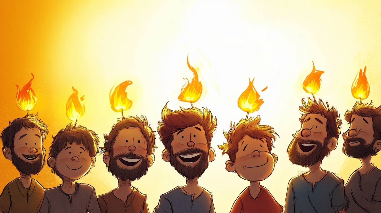 Colorful flames above disciples symbolizing Pentecost and the Holy Spirit coming.