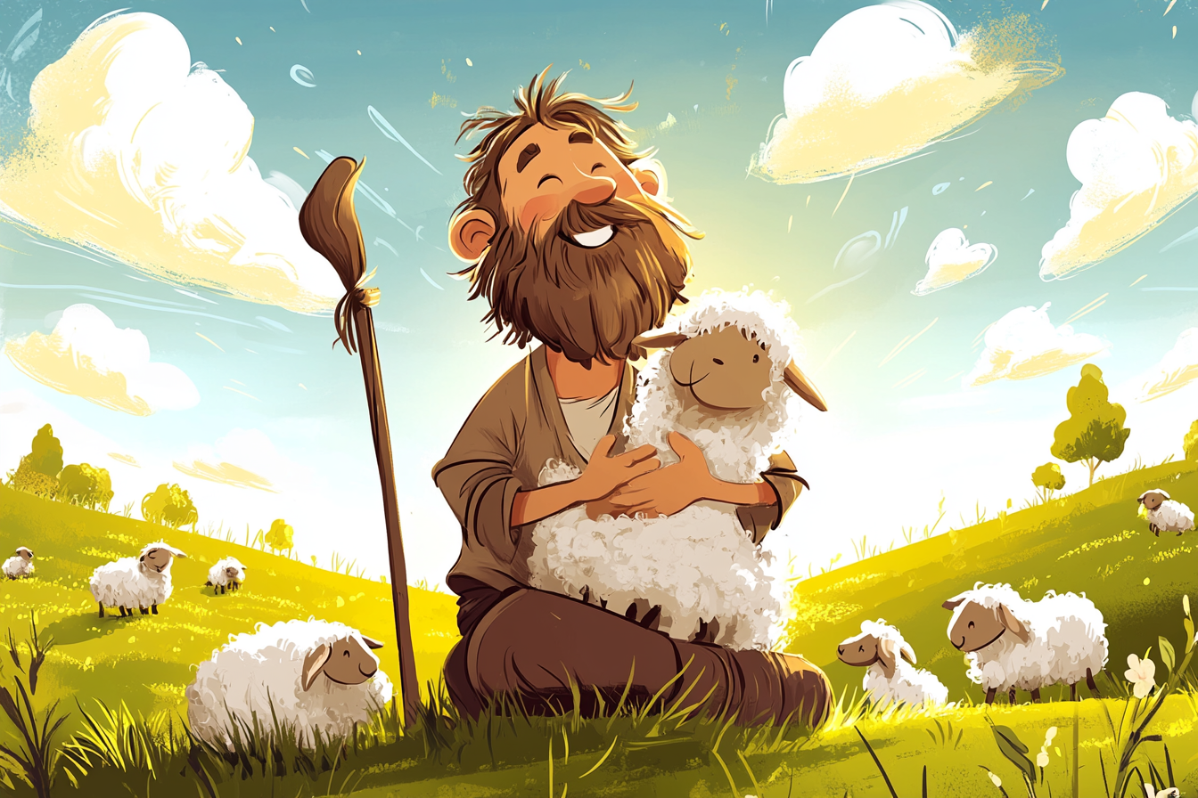 A shepherd lovingly searching for the lost sheep, symbolizing God's care.