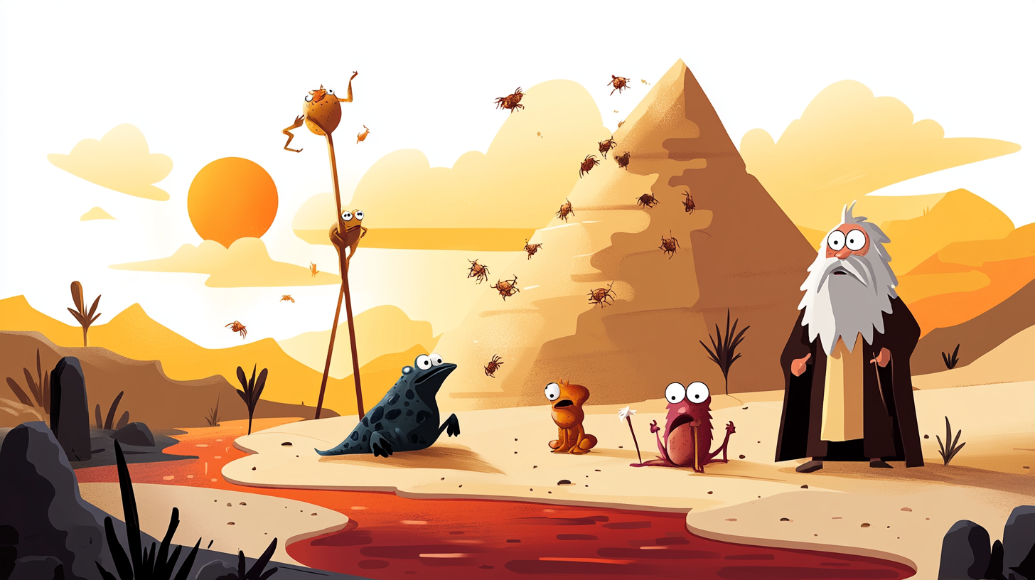 Illustration of the Ten Plagues of Egypt showing each disaster vividly.