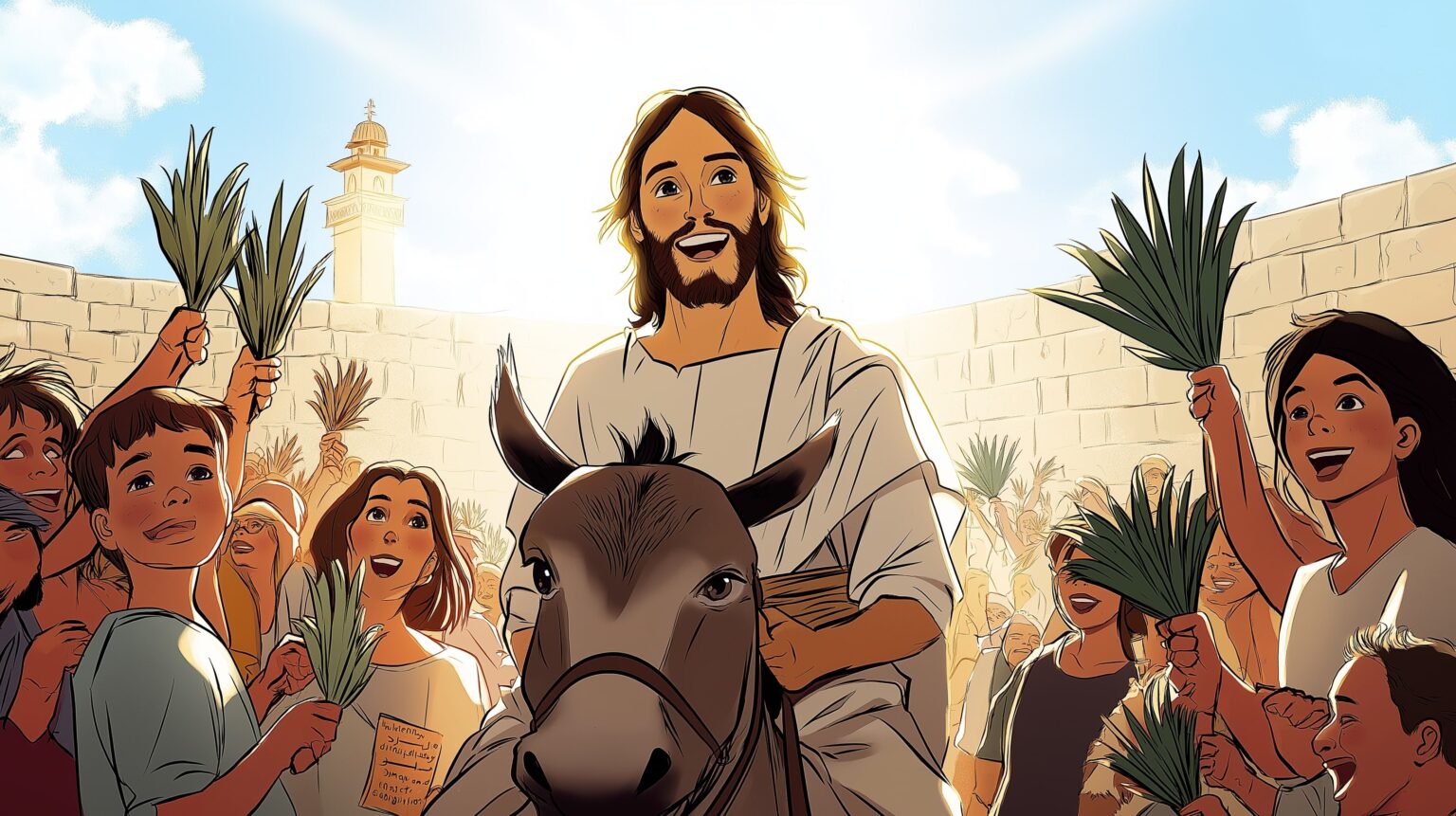 Palm Sunday celebration with Jesus riding a donkey as the King arrives.
