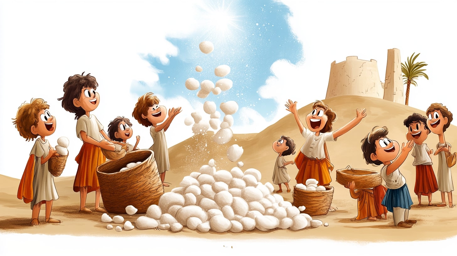 Children gathering manna in the desert during the biblical journey.