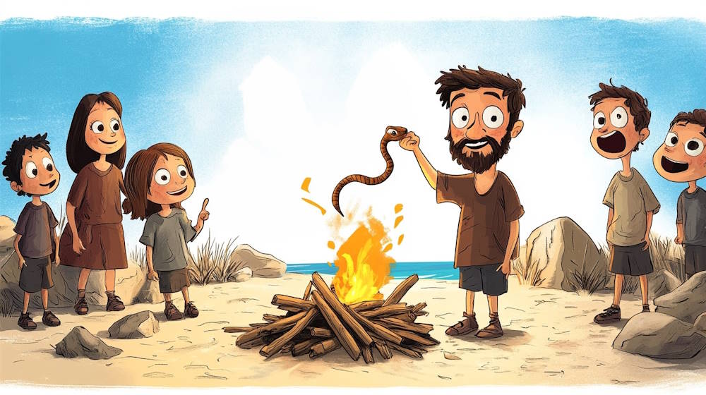 es-gibt-auch-nicht-so-bekannte-bibelgeschichten-auf-kidsbibleworld shows a cartoon scene of Paul by a campfire holding a snake, surrounded by amazed children on a beach