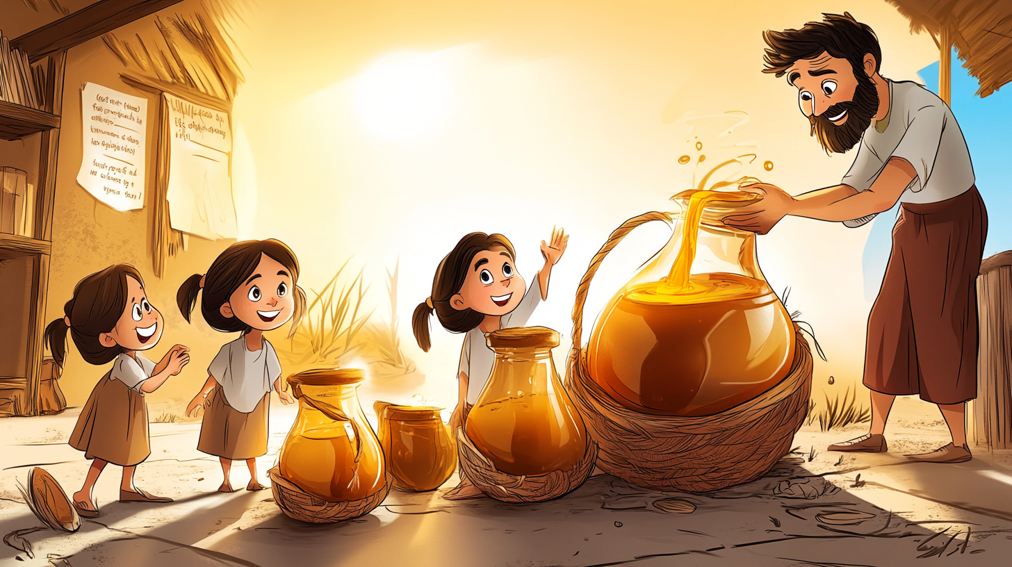 Elisha blessing the widow as her jars overflow with oil in a miracle.