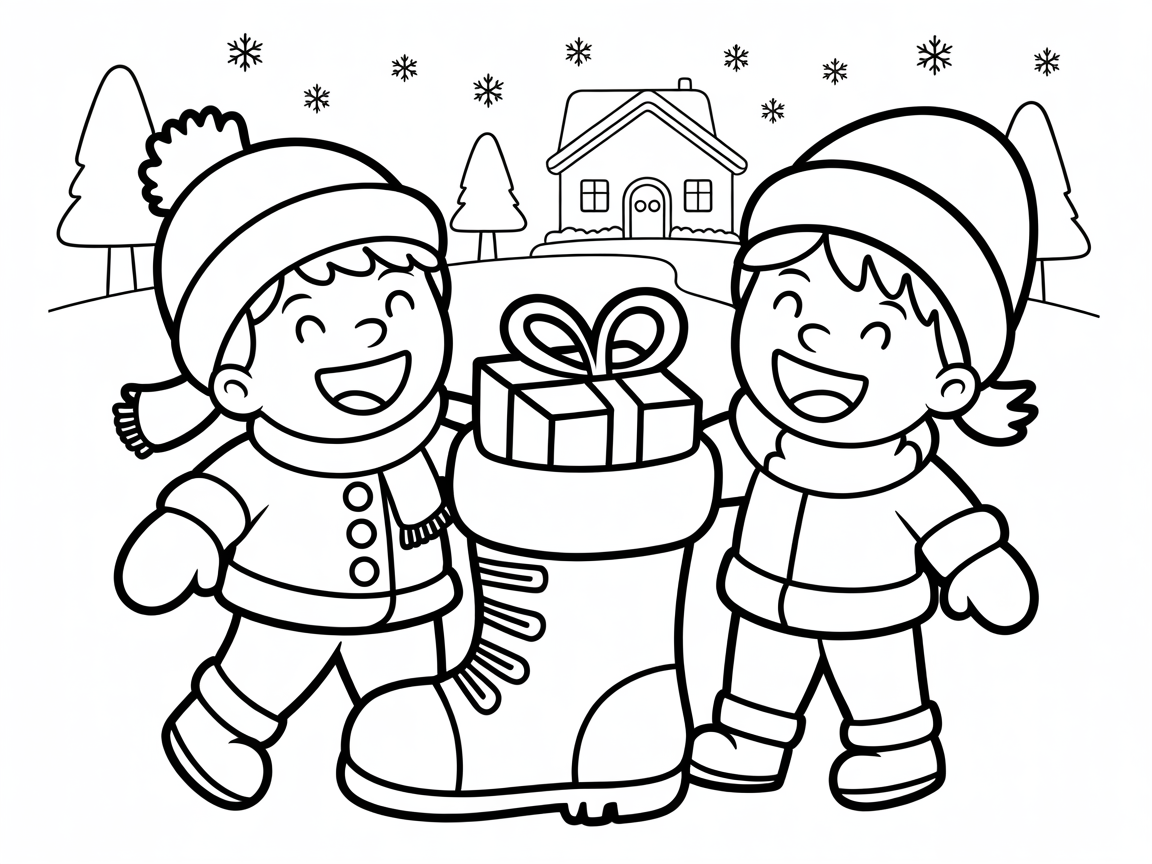 St. Nicholas Day 3 A coloring page of two children happily discovering a filled St. Nicholas boot in the morning.