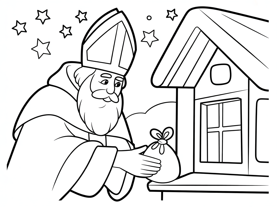 St. Nicholas Day 1 A coloring page of Nicholas quietly placing a gift sack on a windowsill at night.