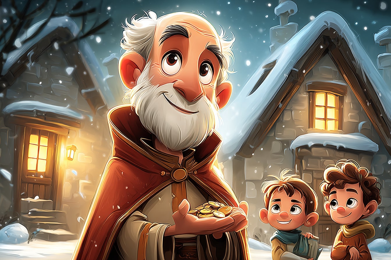 Saint Nicholas standing in a snowy village holding a small pouch of gold, while two children look out of a warmly lit window in wonder.