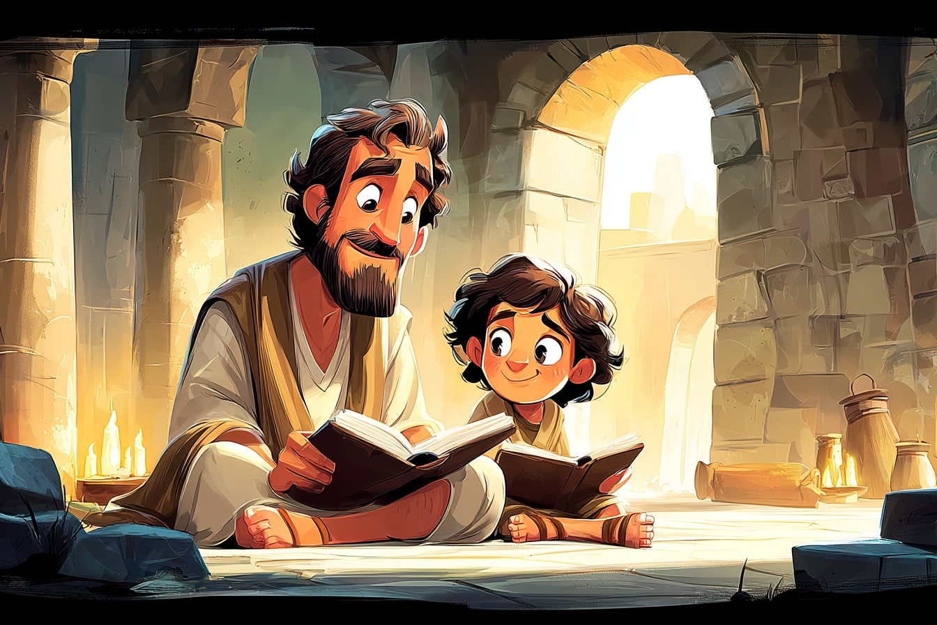 Father and son learning together with open books in an ancient, peaceful educational setting