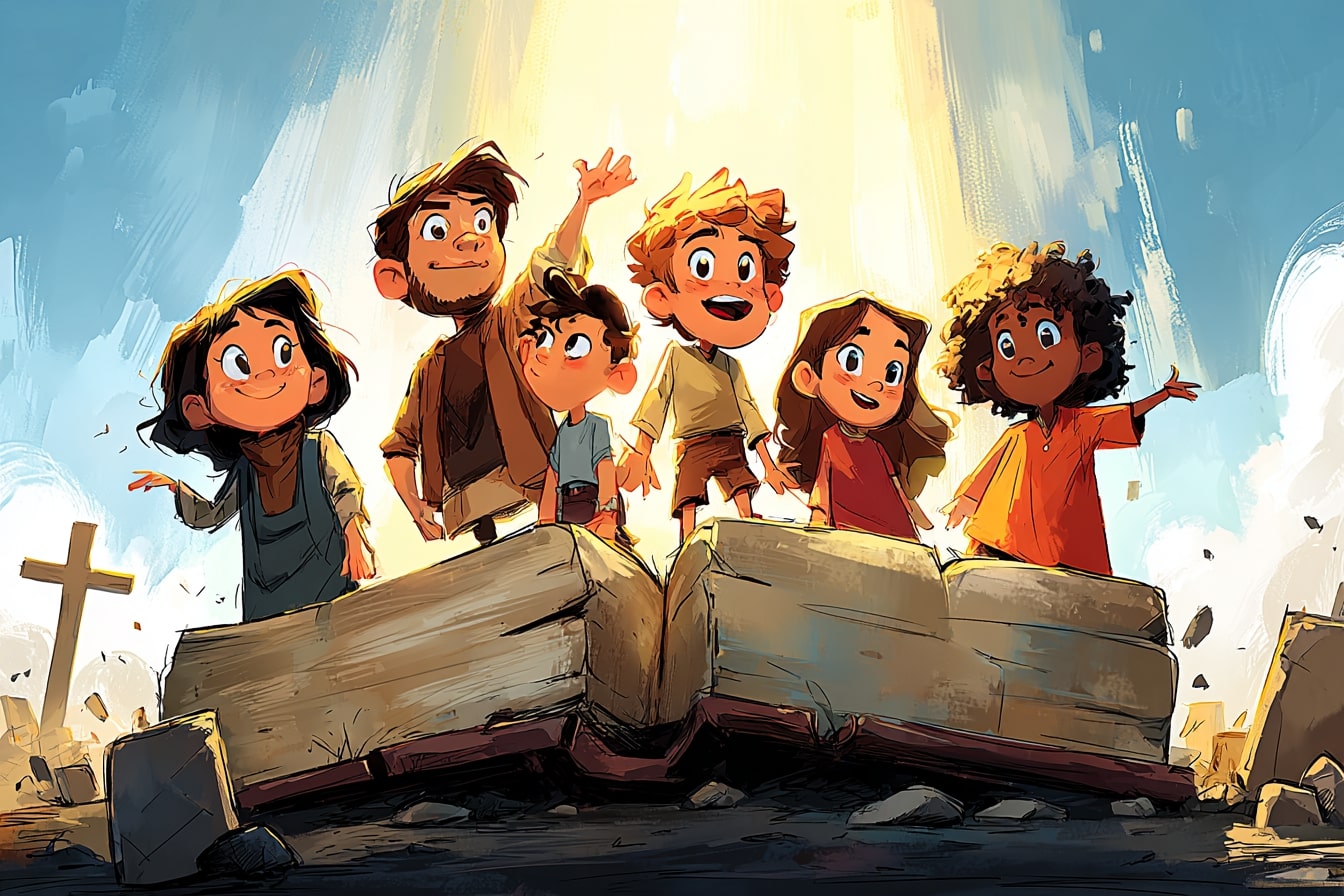 Group of joyful children standing on an open Bible, surrounded by light, symbolizing biblical education and faith